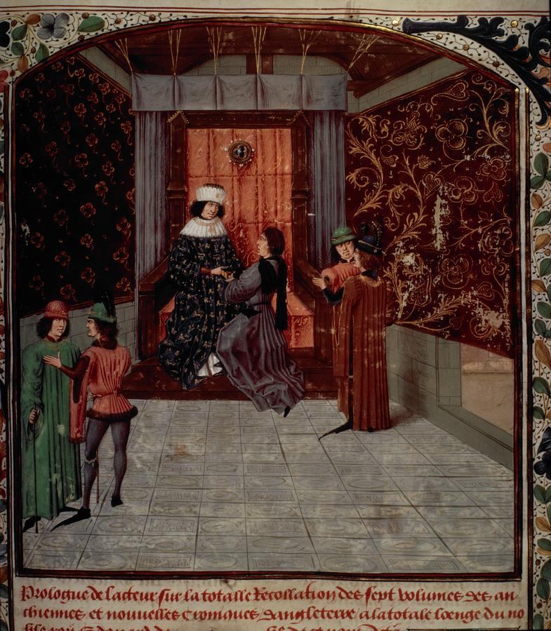 Chronicle of Jean de Wavrin, 1470, Wavrin presents chronicle to Edward IV, Illuminated manuscript. Painting by Album