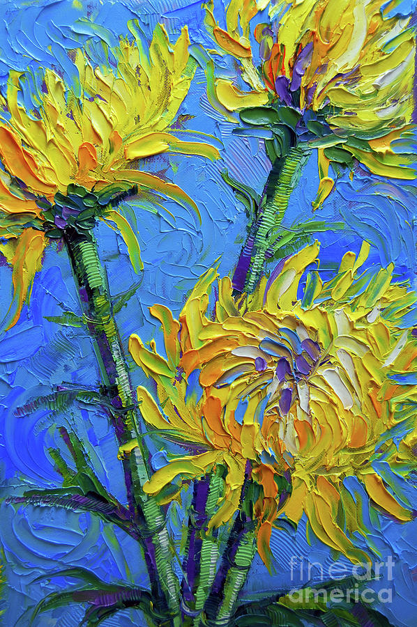 Chrysanthemums on Blue Palette Knife Impasto Oil Painting Mona Edulesco Painting by Mona Edulesco