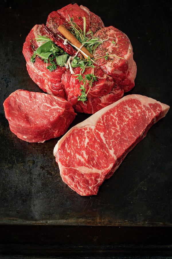 Chuck Roast With Spices, Filet Mignon And New York Sirloin Photograph by Eising Studio