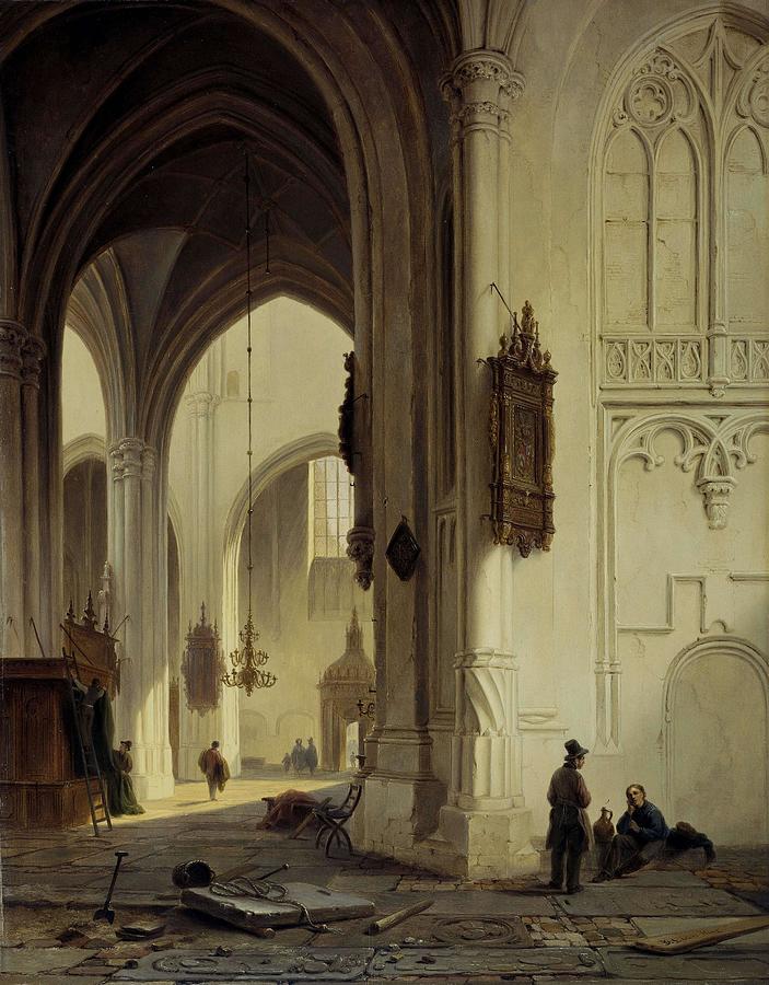 Church Interior. Painting by Bartholomeus Johannes van Hove -1790-1880-