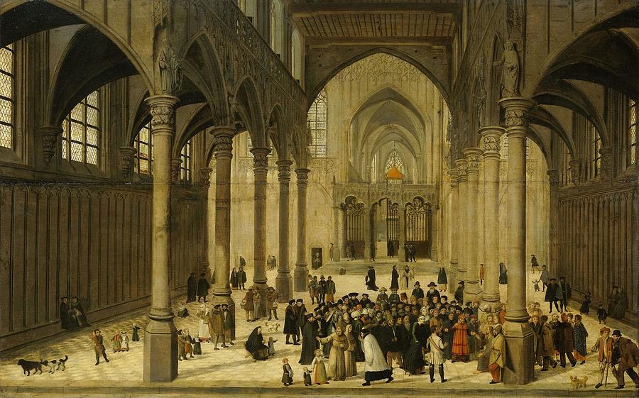 Church Interior with Christ Preaching to a Congregation. Painting by Cornelis van Dalem -attributed to- Jan van Wechelen -attributed to-