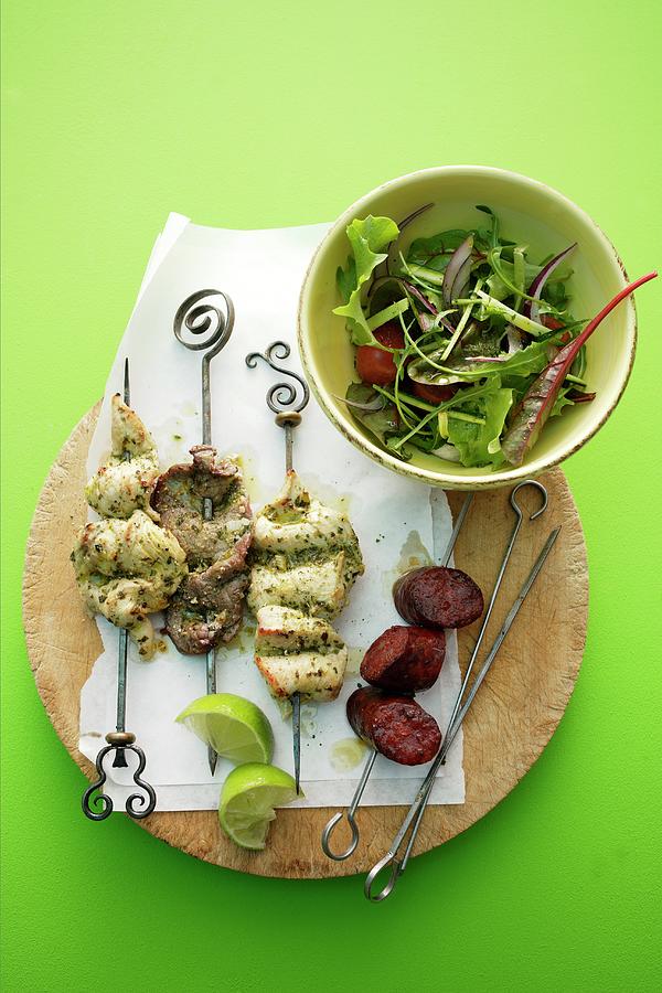 Churrasco Skewers With Salad Photograph by Michael Wissing