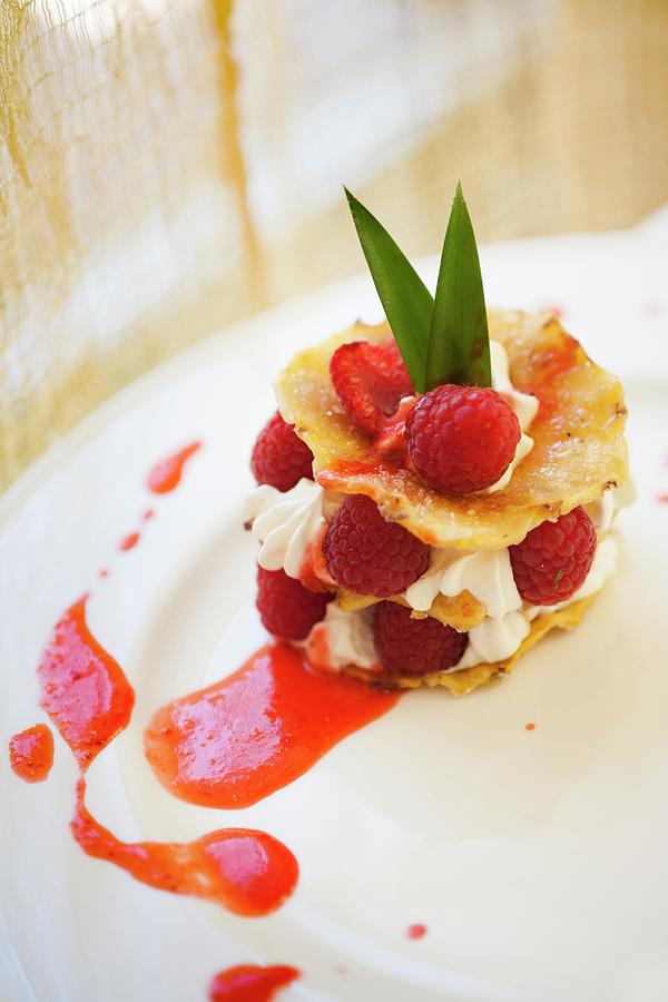Cialda Di Ananas Con Panna E Lamponi wafers Of Pineapple Layered With Cream And Raspberries Photograph by Imagerie