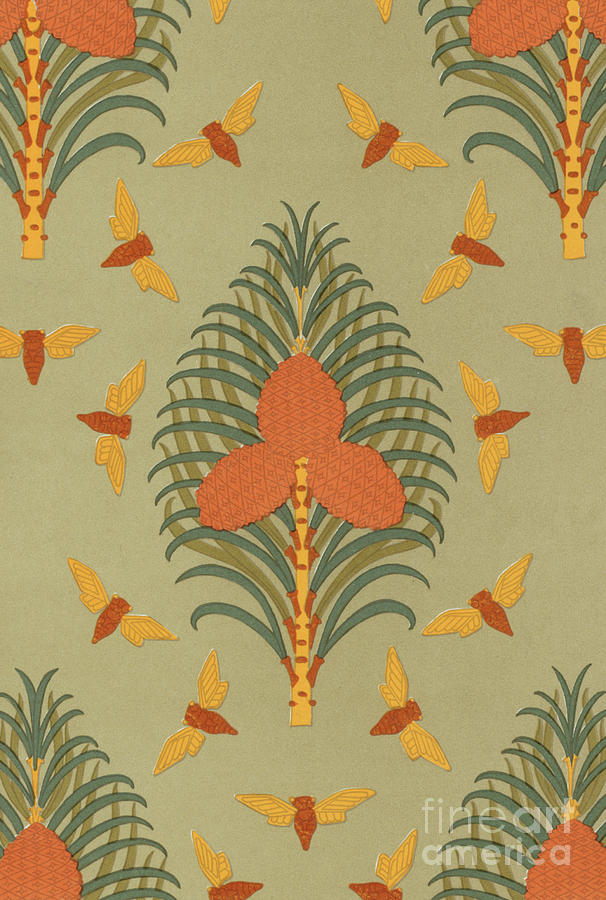 Cicadas and Pine vintage wallpaper pattern design Painting by Maurice Pillard Verneuil