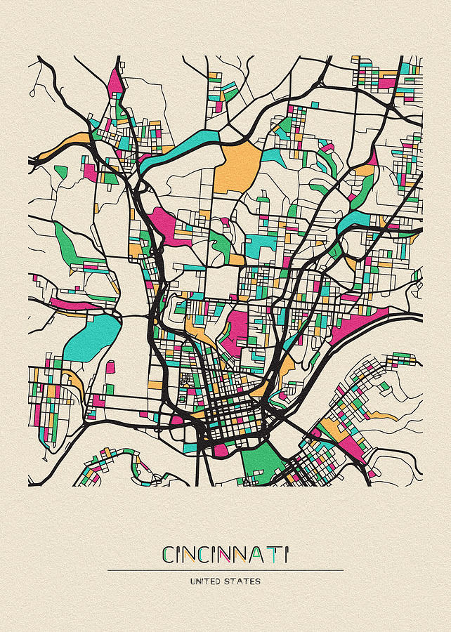 Cincinnati, Ohio City Map Drawing by Inspirowl Design