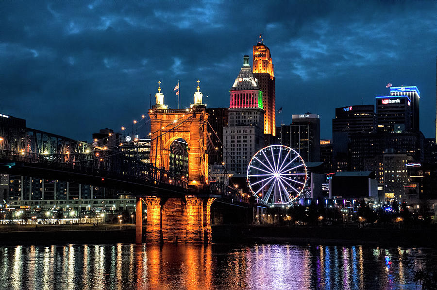 Cincinnati Photograph - Cincinnati Skyline and Roebling Bridge at Night by Phyllis Taylor