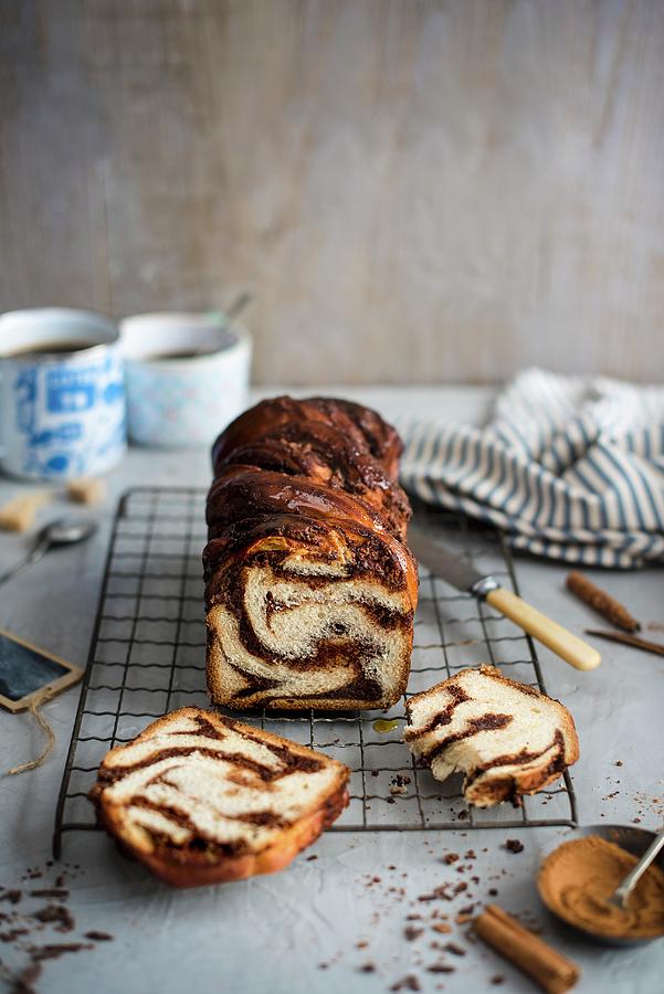 Cinnamon, Almond And Chocolate Babka With Coffee Photograph by Magdalena Hendey