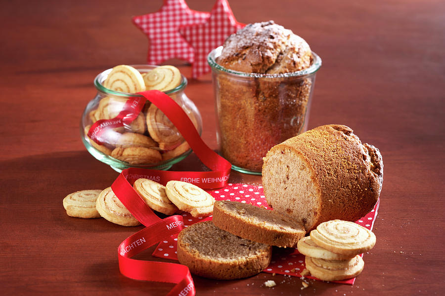 Cinnamon Spiral Biscuits And Cake Baked In Jars For Christmas Photograph by Teubner Foodfoto
