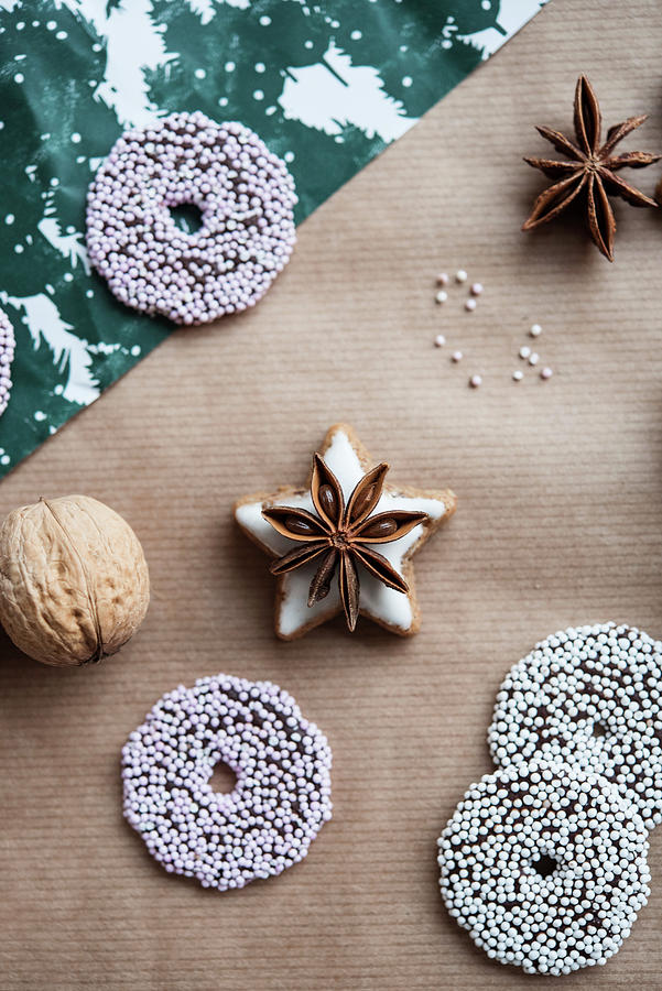 Cinnamon Star Biscuit With Star Anise, Sugar Ring Biscuits And Walnut Photograph by Jelena Filipinski
