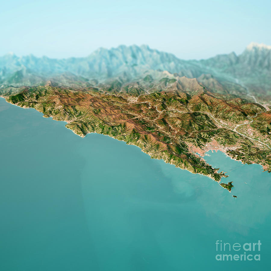 Map Digital Art - Cinque Terre 3D Render Horizon Aerial View From South March 2019 by Frank Ramspott