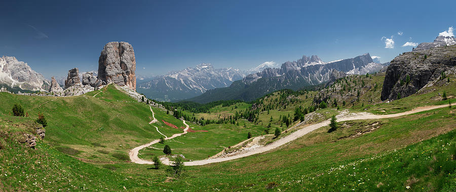 Cinque Torri With Hiking Trails In The Dolomites By Day With Sun, South Tyrol Photograph by Bastian Linder