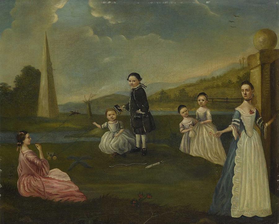 Portrait Painting - Circle of Arthur Devis A LADY AND HER FIVE CHILDREN IN A LANDSCAPE by Celestial Images