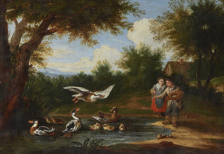Nature Painting -  CIRCLE OF  HOREMANS, JAN JOSEF D. J. 1714 - Antwerp - 1792 Children Feeding Ducks by Celestial Images