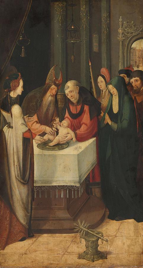 Circumcision of Christ, Left Wing of an Altarpiece, on verso is the Virgin from an Annunciation s... Painting by Pseudo Jan Wellens de Cock -attributed to- Cornelis Cornelisz named Kunst -rejected attribution-