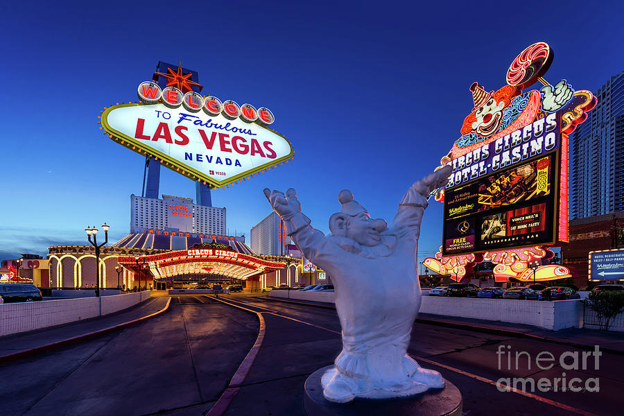 Circus Circus Casino Sign and Sculpture Ultra Wide Shot With Las Vegas Sign at Dusk Photograph by Aloha Art