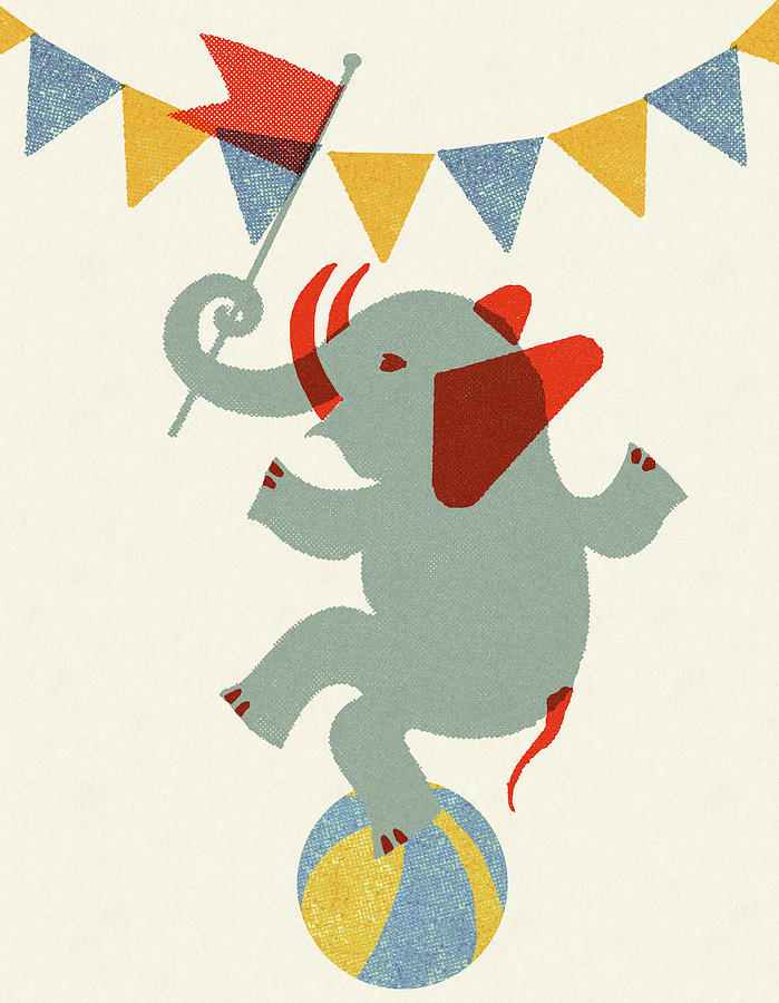 Vintage Drawing - Circus Elephant Balancing on a Ball by CSA Images
