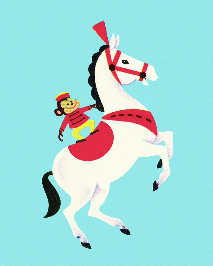 Vintage Drawing - Circus Monkey Riding a Horse by CSA Images