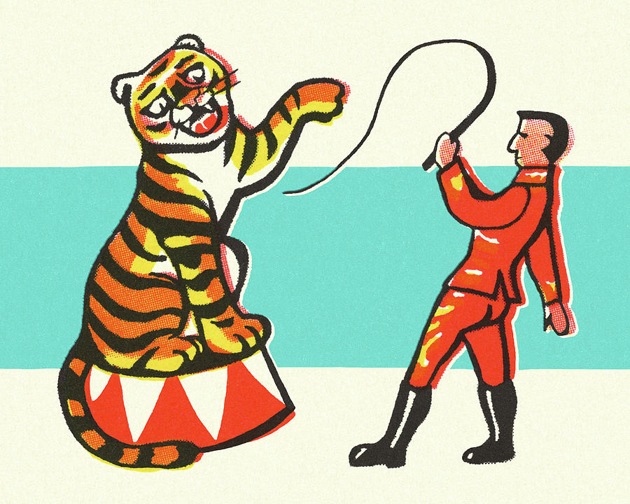 Vintage Drawing - Circus Tiger and Trainer by CSA Images