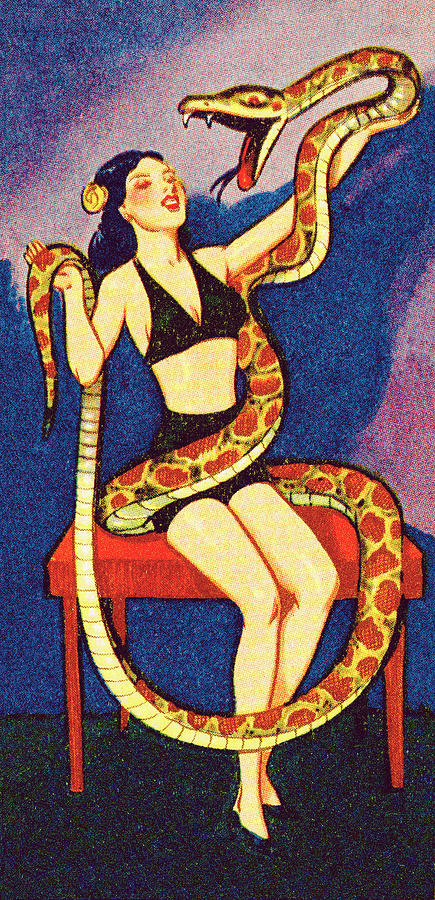Snake Drawing - Circus woman with snake by CSA Images