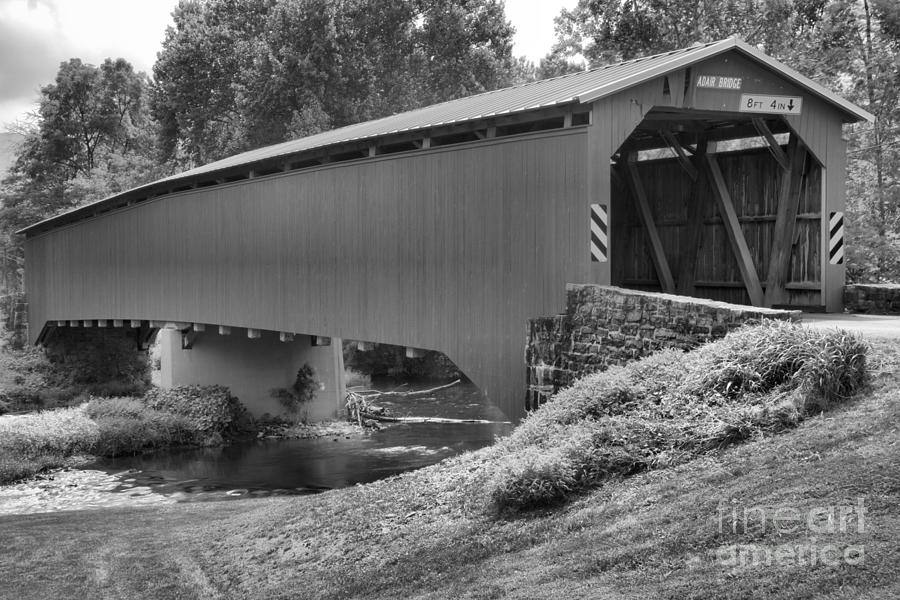 Cisna Mill Covered Bridge Over Sherman Creek Black And White Photograph by Adam Jewell