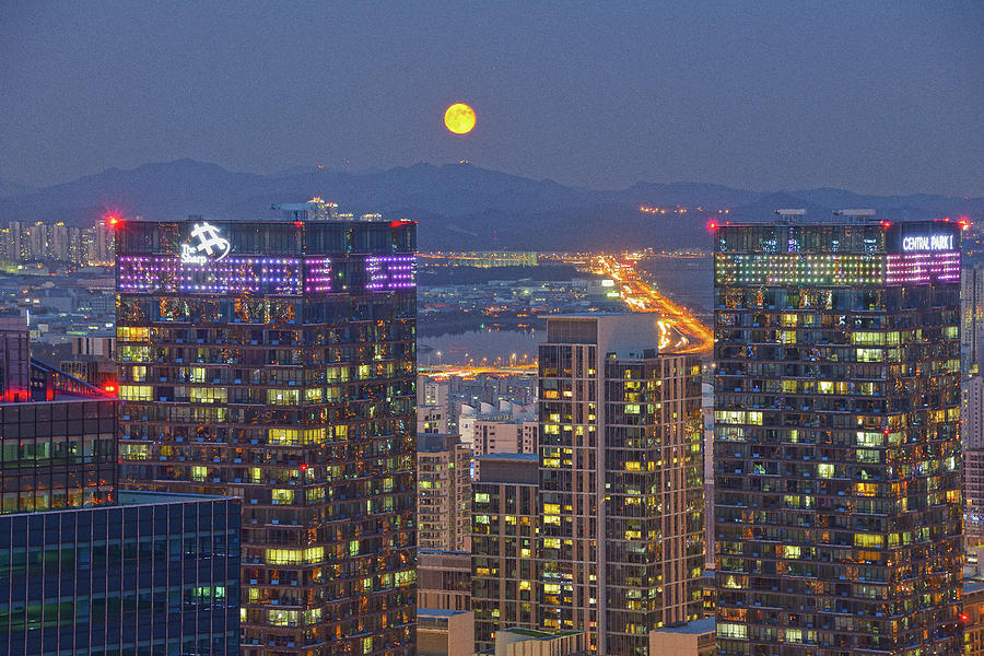 City And Moon Photograph by Tokism