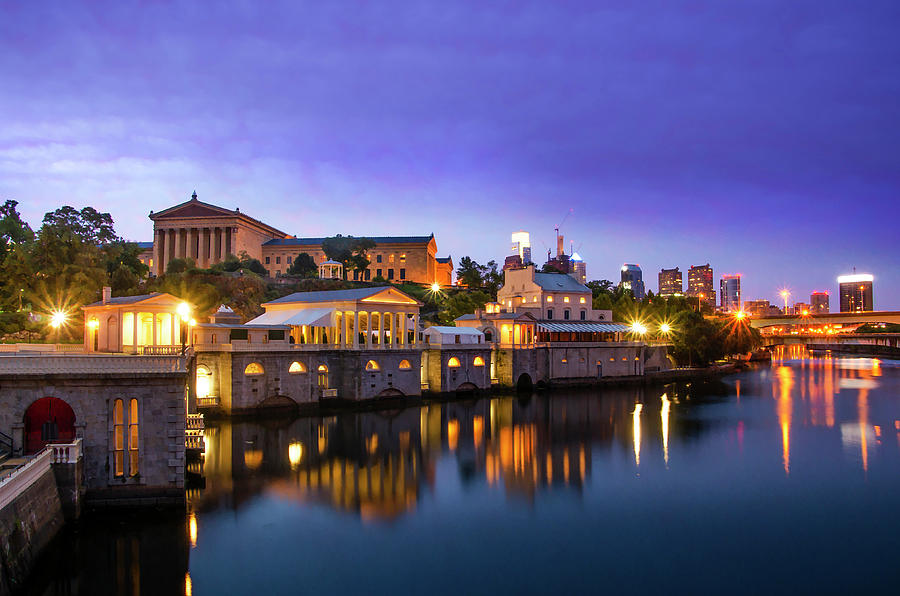 City At Night - Philadelphia - Fairmount Waterworks and Art Muse Photograph by Bill Cannon