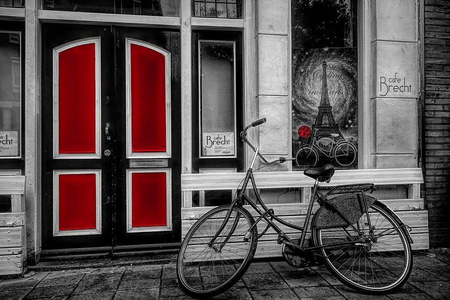 City Bike Downtown Black and White Color Selected Red Photograph by Debra and Dave Vanderlaan