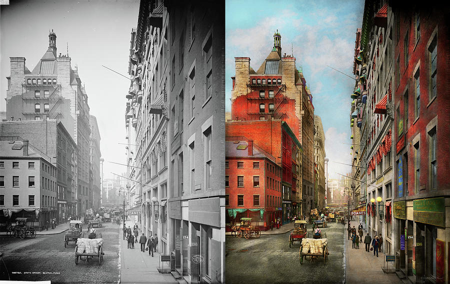 City - Boston MA - State St 1905 - Side by Side Photograph by Mike Savad