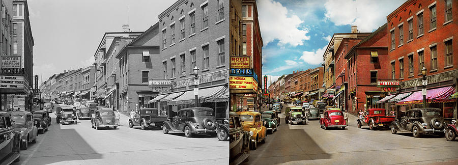 City - Brattleboro VT - No parking on Main St 1941 - Side by Side Photograph by Mike Savad