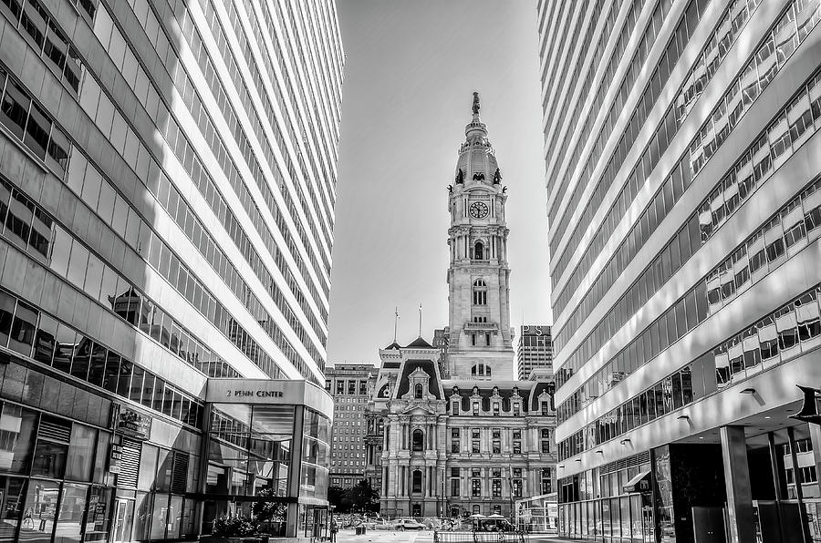 City Hall and Penn Center - Philadelphia in Black and White Photograph by Bill Cannon