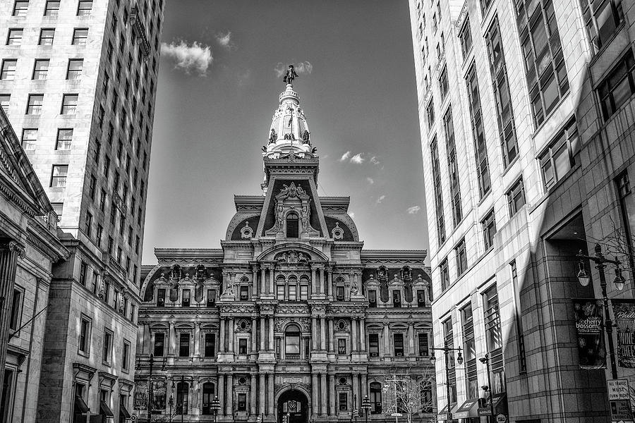 City Hall Philadelphia - Broad Street in Black and White Photograph by Bill Cannon