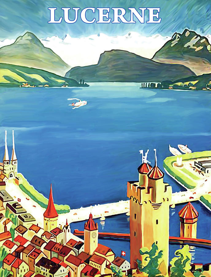 Vintage Painting - City Harbor in Lucerne by Long Shot