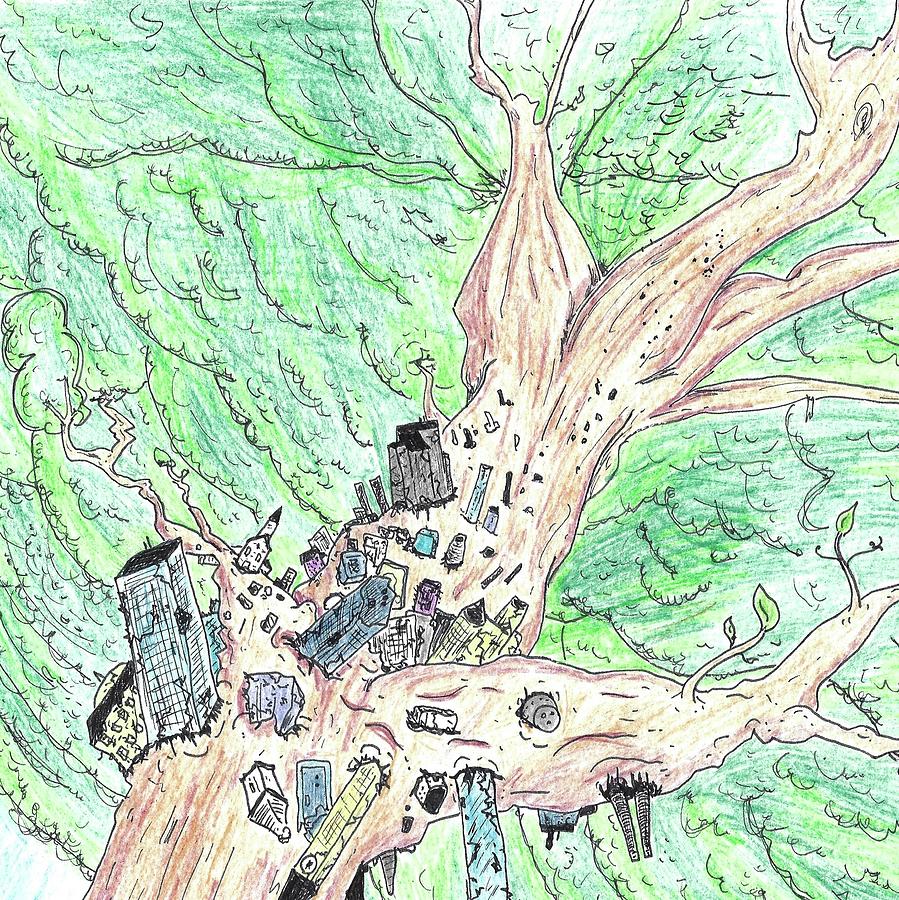 City in a Tree Drawing by Walter Johndad