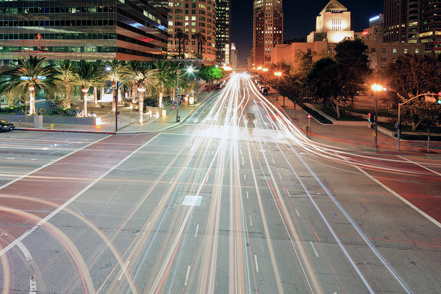 City Light Trails On Street In Downtown Photograph by Eric Lo