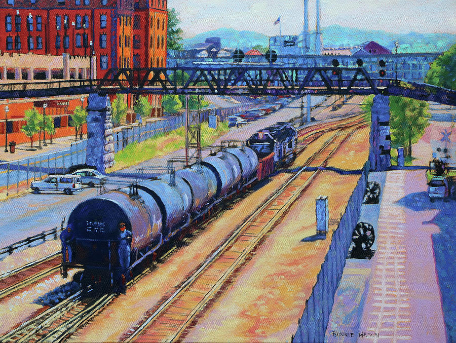 Train Painting - City Lines - Norfolk Southern Tracks in Roanoke Virginia by Bonnie Mason
