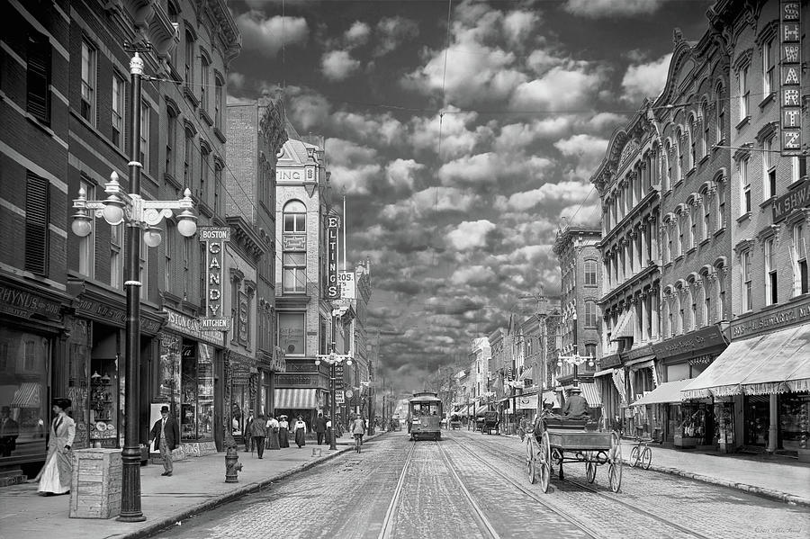 City - NY - Main Street Poughkeepsie, NY - 1906 - Black and White Photograph by Mike Savad