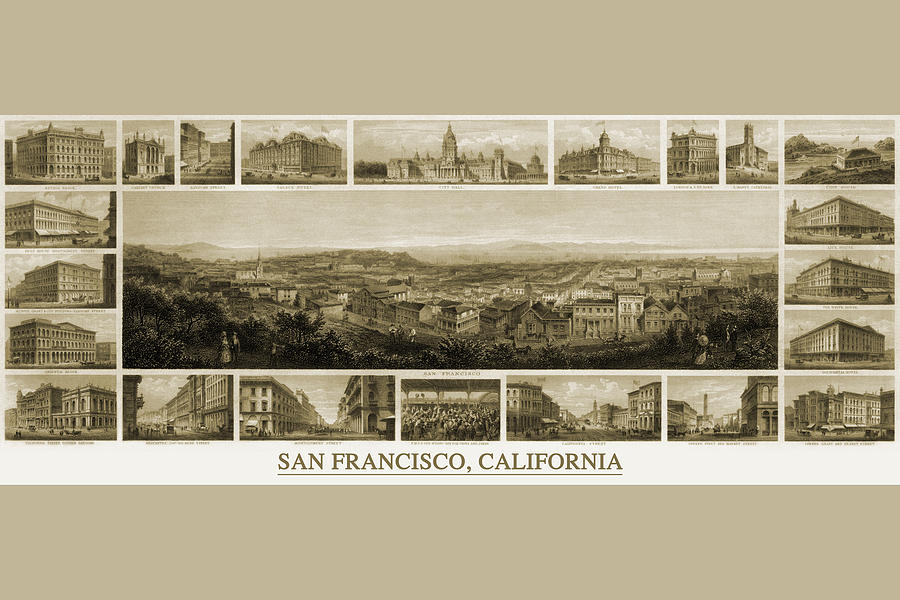 City of San Francisco. Birds eye view from the bay looking south-west Painting by Unknown