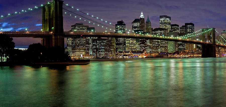 Architecture Digital Art - City Skyline And Bridge Lit Up At Night by Ben Pipe Photography