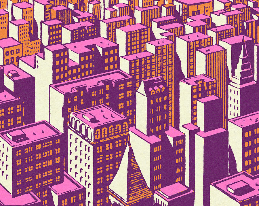 Architecture Drawing - City Skyline in Pink by CSA Images