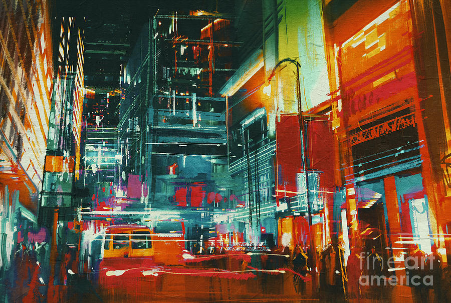 City Street At Night With Colorful Digital Art By Tithi Luadthong