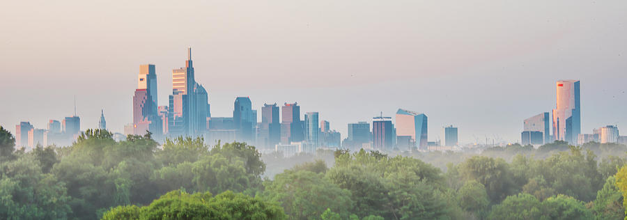 Cityscape at Misty Sunrise Philadelphia - Panorama Photograph by Bill Cannon