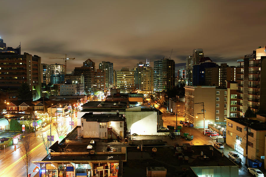 Architecture Digital Art - Cityscape Illuminated At Night, Vancouver, Canada by Peter Muller