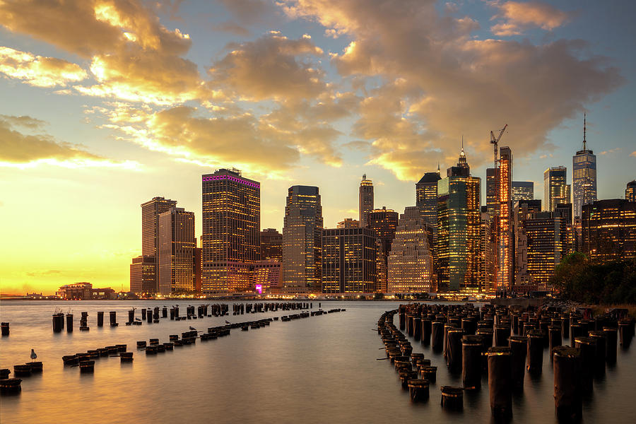 Cityscape of New york city with sunset and light from city and h ...