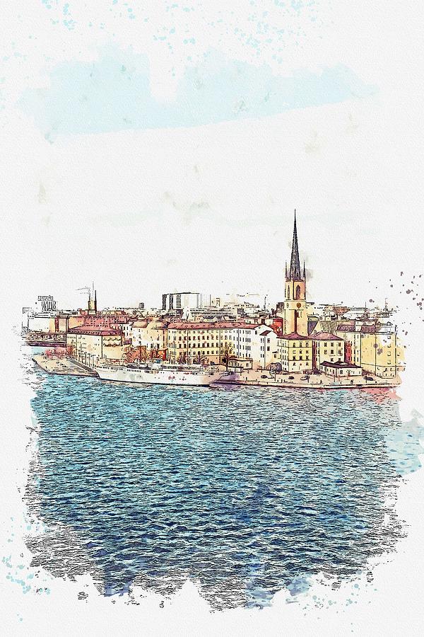 Nature Painting - Cityscape Stockholm, Stockholm , Sweden -  watercolor by Ahmet Asar by Celestial Images