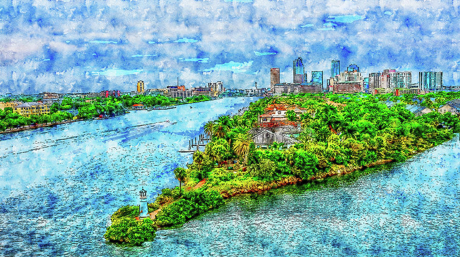 Cool Drawing - Cityscape watercolor drawing - Tampa Bay by Hasan Ahmed