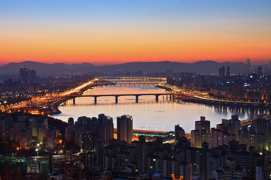 Cityscape With River Before Sunrise Photograph by Sungjin Kim