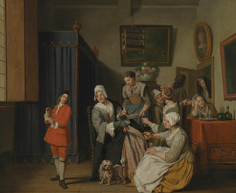 Civic interior with numerous women and a young man with a bird Painting by Jan Josef Horemans the Younger