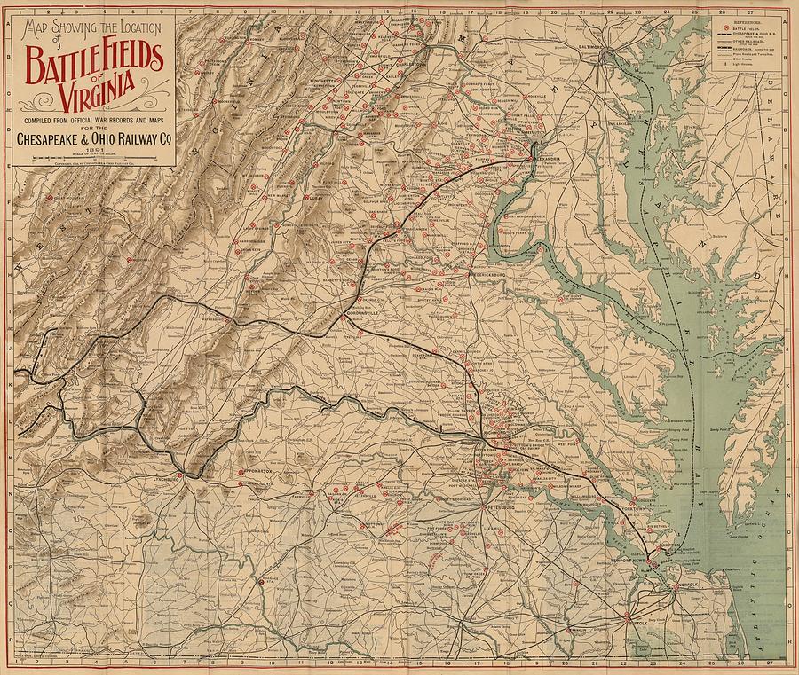 Civil War Battlefields of VA Antique Map Chesapeake And Ohio Railway 