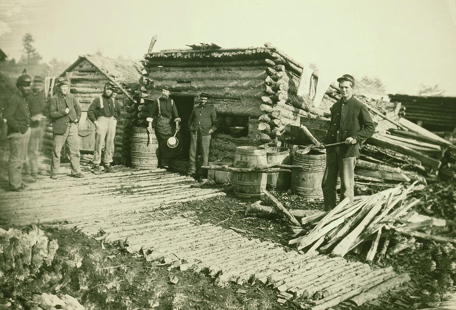 Civil War camp of the 6th N.Y. Artillery at Brandy Station, Virginia, showing Union soldiers in front of log company kitchen Painting by 