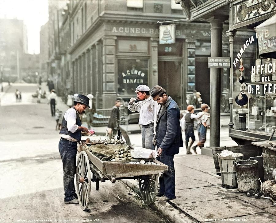 Clam Seller In Mulberry Bend, New York City, 1900 Colorized By Ahmet Asar Painting
